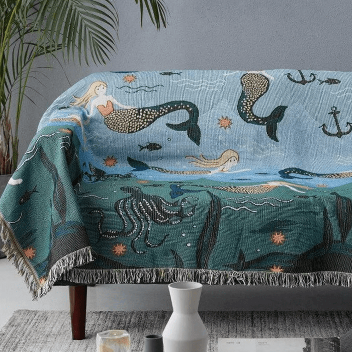 Mermaid Throw Blanket Woven Cotton Fringed Sofa Throw