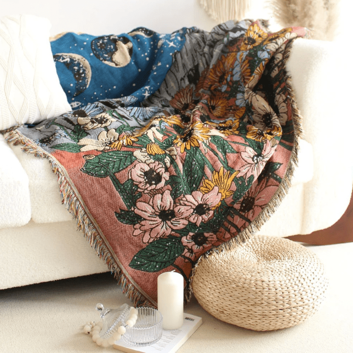 Moon & Stars Floral Bohemian Throw Blanket Boho Blanket Sofa Throw Bed Throw