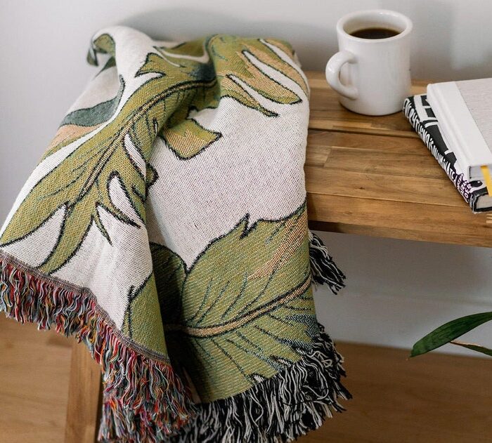 Palm Leaf Woven Throw Blanket - Floral Banana Leaf Tropical Decor