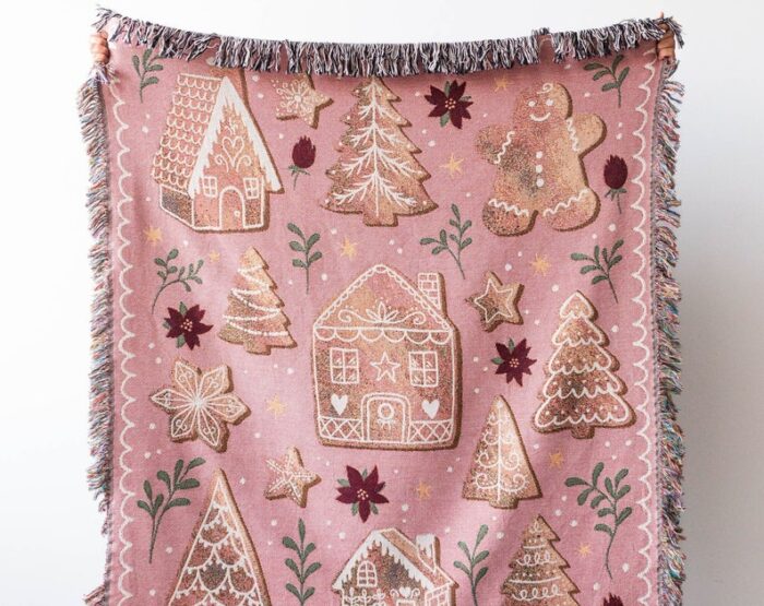 Pink Gingerbread Christmas Blanket: Personalized Woven Cotton Throw