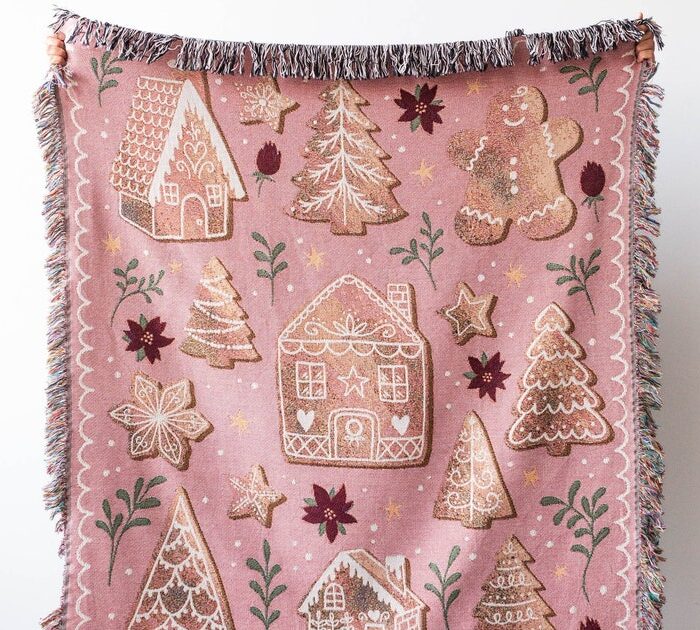 Pink Gingerbread Christmas Blanket: Personalized Woven Cotton Throw