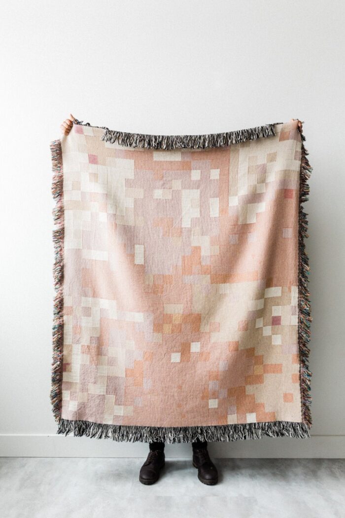 Pink Pixel Blanket: Peach + Nude Abstract Woven Cotton Throw