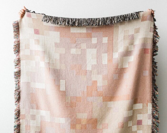 Pink Pixel Blanket: Peach + Nude Abstract Woven Cotton Throw