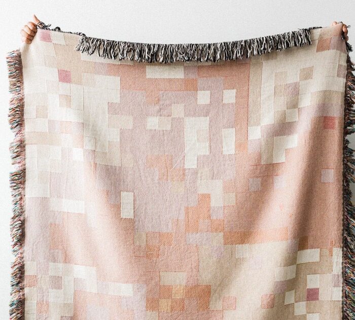 Pink Pixel Blanket: Peach + Nude Abstract Woven Cotton Throw