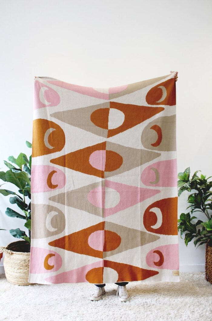 Pink and Rust Diamond in The Rough - Crescent Moon and Diamonds Shapes Pattern Blanket - Colorful Throw Blanket Taupe Ivory Egyptian Cotton