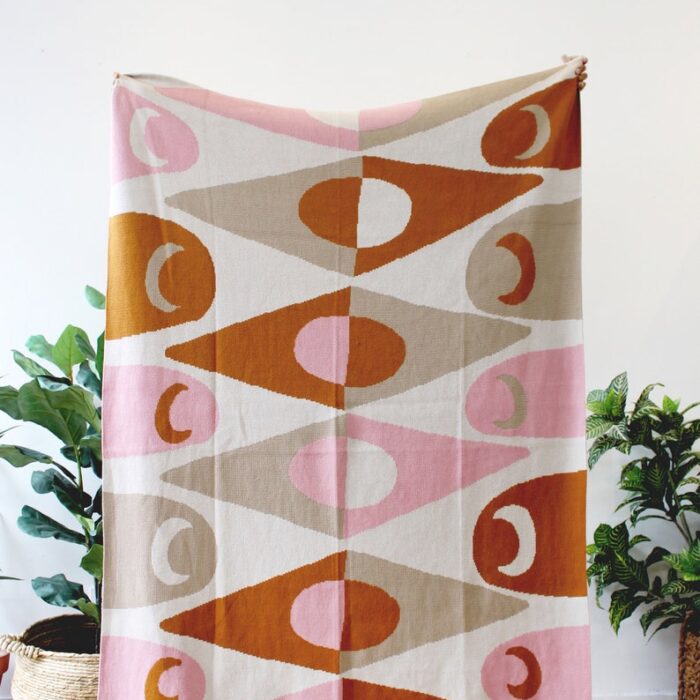 Pink and Rust Diamond in The Rough - Crescent Moon and Diamonds Shapes Pattern Blanket - Colorful Throw Blanket Taupe Ivory Egyptian Cotton