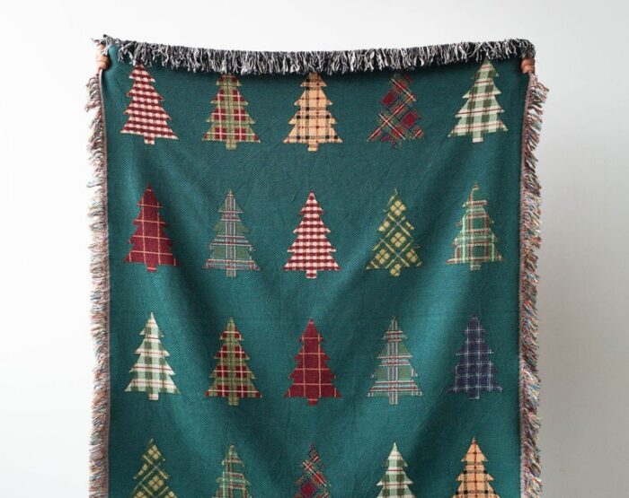 Plaid Trees Christmas Blanket: Green Woven Cotton Throw