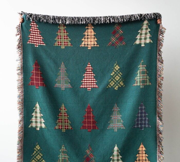 Plaid Trees Christmas Blanket: Green Woven Cotton Throw