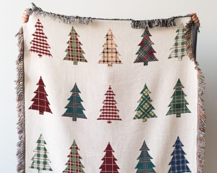 Plaid Trees Christmas Blanket: Woven Cotton Throw For Winter Decor