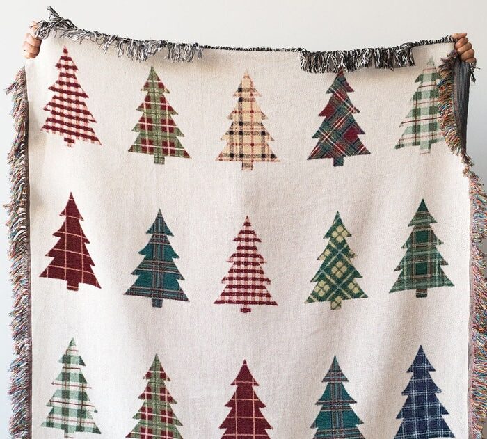 Plaid Trees Christmas Blanket: Woven Cotton Throw For Winter Decor