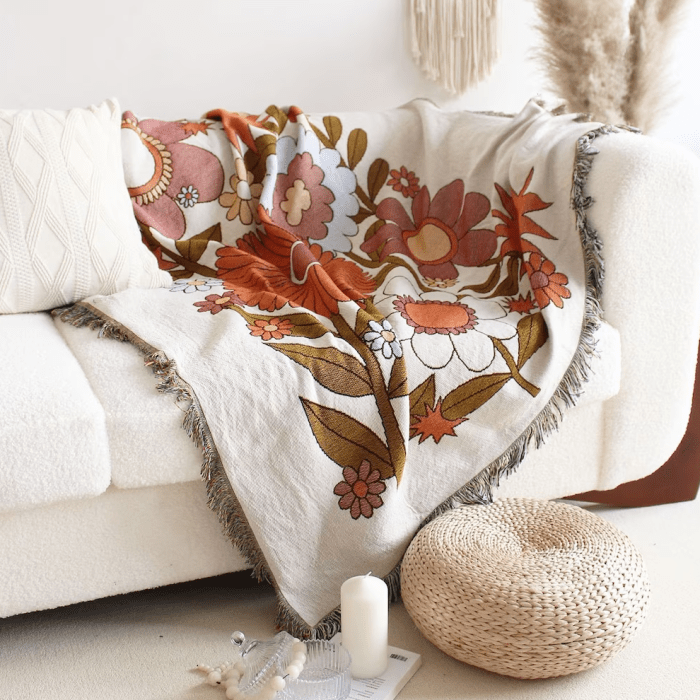 Retro Scandi Floral Woven Throw Blanket