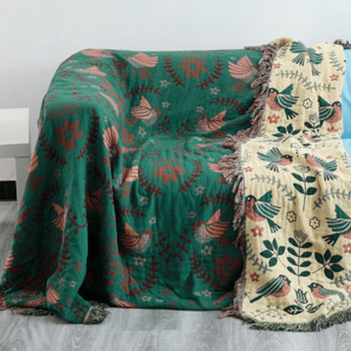 Reversible Green Floral And Bird Throw Blanket