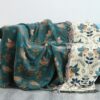 Reversible Teal Blue Floral And Bird Throw Blanket