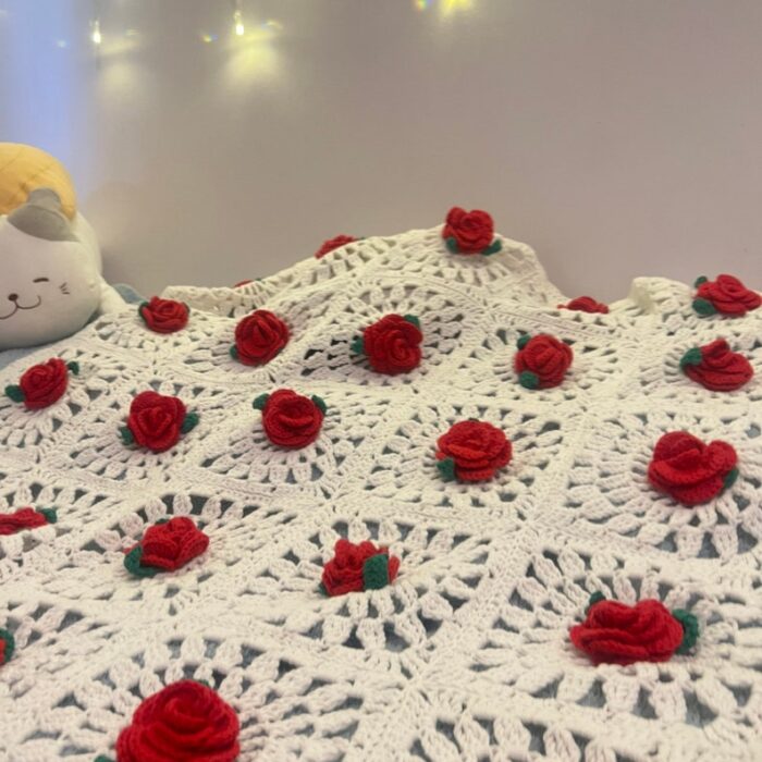 Rose Crochet Blanket Retro Granny Throw Afghan Bedspread Floral Tv Blanket Statement