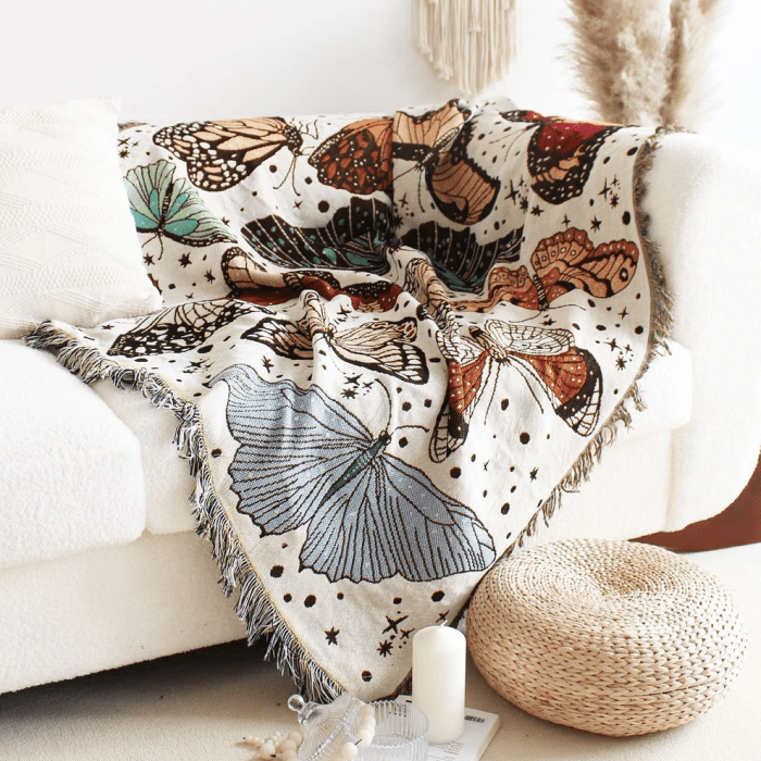 Scandi Nordic Cotton Butterfly Tapestry Throw Blanket