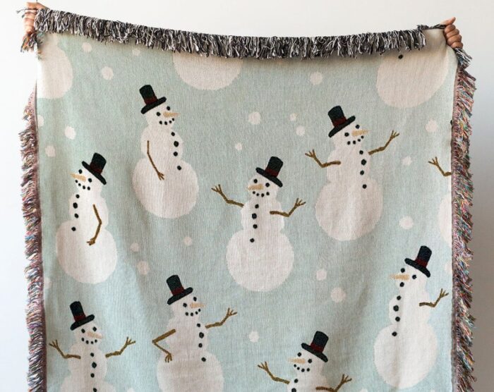 Snowman Blanket: Christmas Woven Cotton Throw For Winter Decor