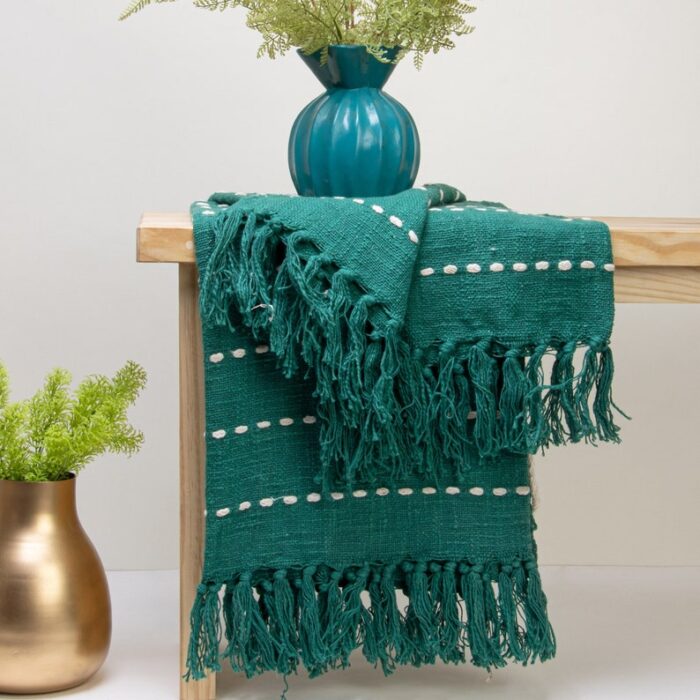 Solid Green Hand Woven Cotton Throw Blanket