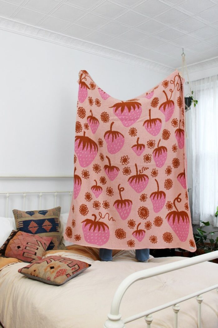 Strawberry Field Knit Blanket - Fruit Home Decor - Sorbet Pink Blush Orange