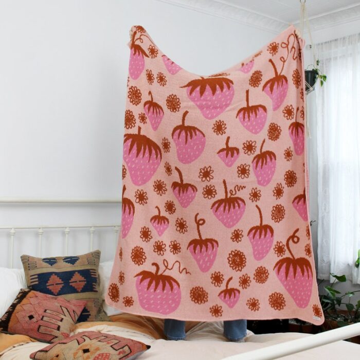 Strawberry Field Knit Blanket - Fruit Home Decor - Sorbet Pink Blush Orange