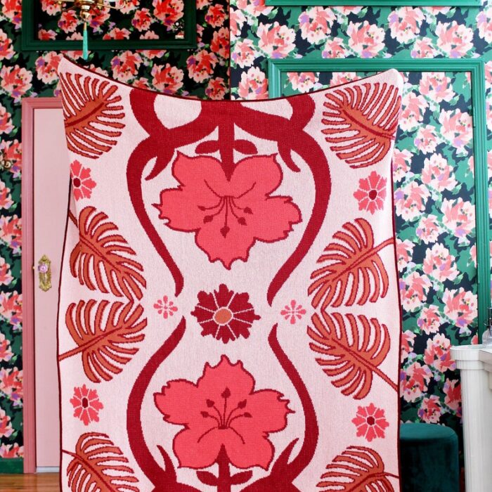 Tropical Art Deco Flower Leaf Blanket - Pink Red Floral Foliage Print - Boho Tiki Home Decor