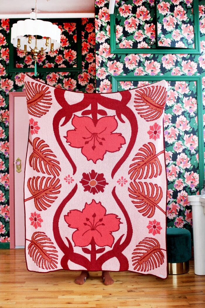 Tropical Art Deco Flower Leaf Blanket - Pink Red Floral Foliage Print - Boho Tiki Home Decor