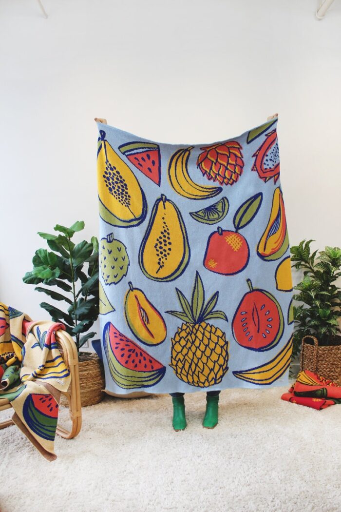 Tropical Fruit Salad Knit Blanket in Blueberry - Mango Banana Pineapple - Fruits Print - Housewarming Pineapple - Fruit Decor