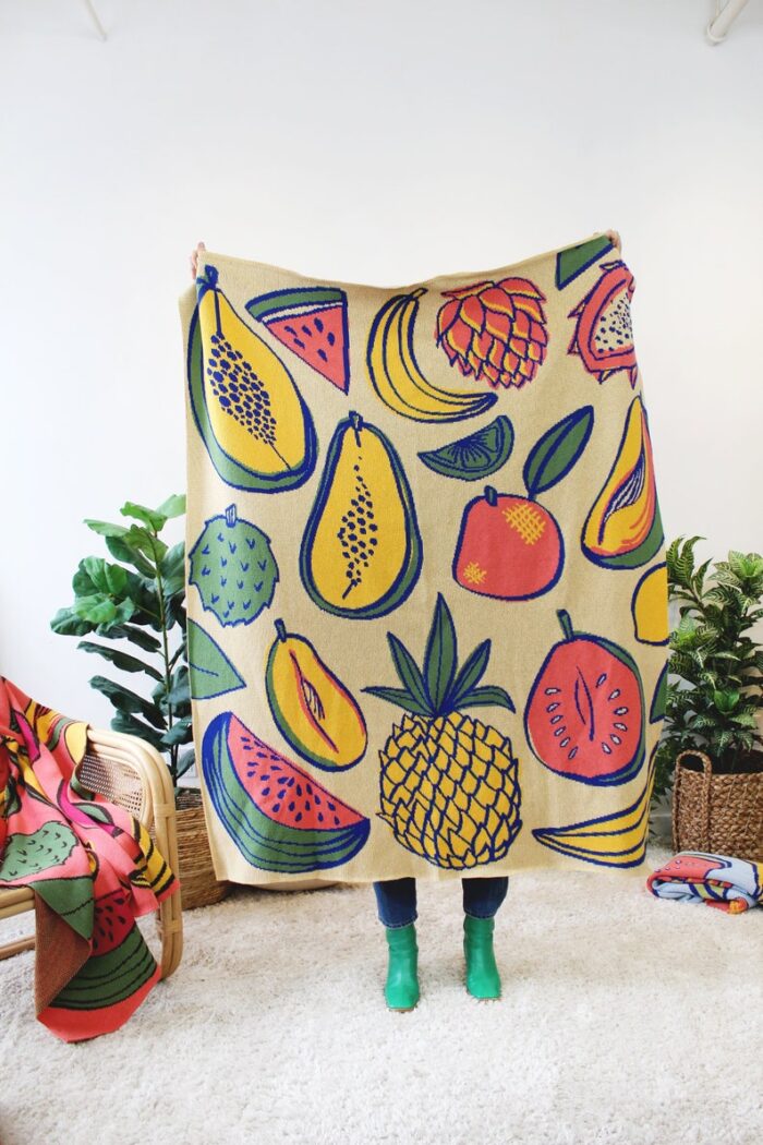 Tropical Fruit Salad Knit Blanket in Peach - Mango Banana Pineapple - Fruits Print - Housewarming Pineapple - Fruit Decor