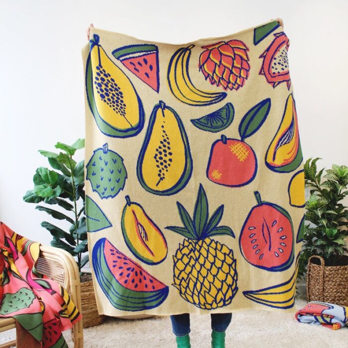 Tropical Fruit Salad Knit Blanket in Peach - Mango Banana Pineapple - Fruits Print - Housewarming Pineapple - Fruit Decor