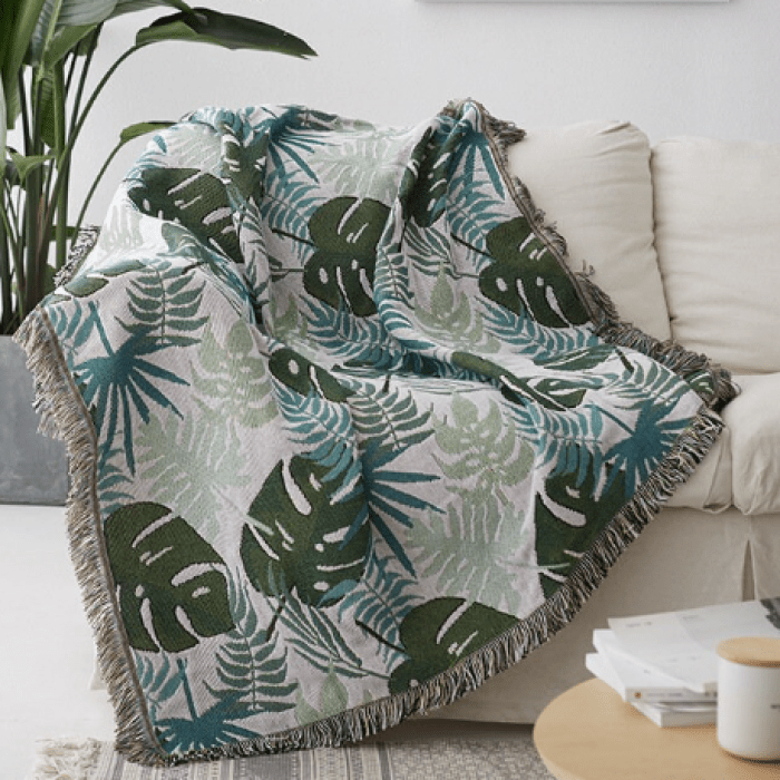 Tropical Jungle Leaf Tapestry Throw Blanket Boho Woven Fringed Sofa Throw