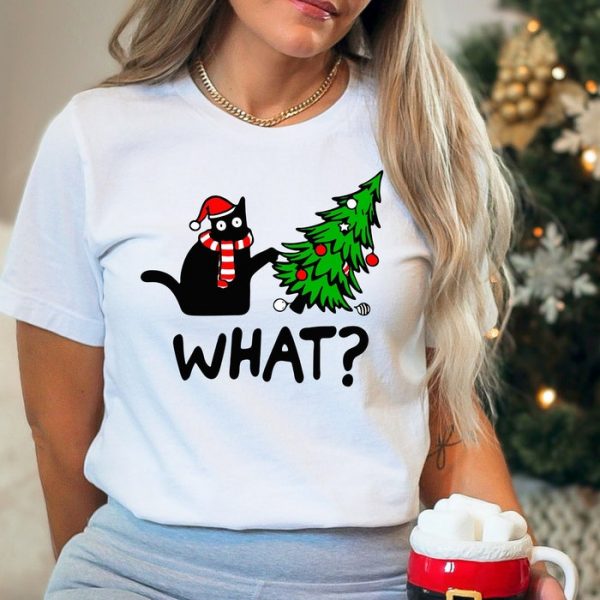 Black Cat What Funny Christmas Tree Cat Lover Holiday Shirt ETS1152