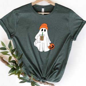 Cute Ghost Drinking Coffee Spooky Season Fall Halloween Shirt ETS1026