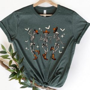 Halloween Dancing Skeleton Western Cowboy Cow Pumpkin Shirt ETS1034