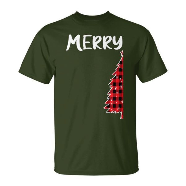 Merry Christmas Tree Buffalo Plaid Xmas Couples Matching Unisex T-Shirt