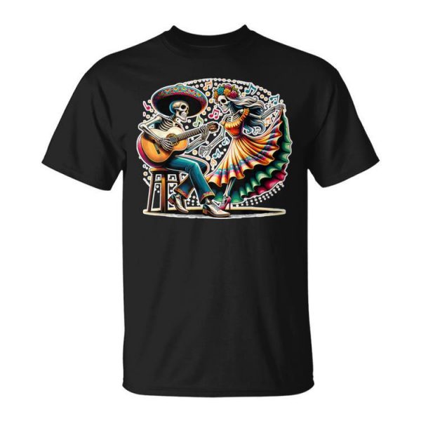 Mexican Skeleton Couple Playing Guitar Dancing Unisex T-Shirt