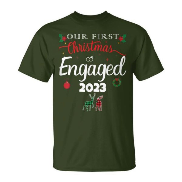 Our First Christmas Engaged 2023 Pajamas Couples Matching Unisex T-Shirt