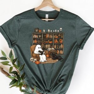 Retro Ghost Reading Books Librarian Halloween Boo Teacher Shirt ETS1005